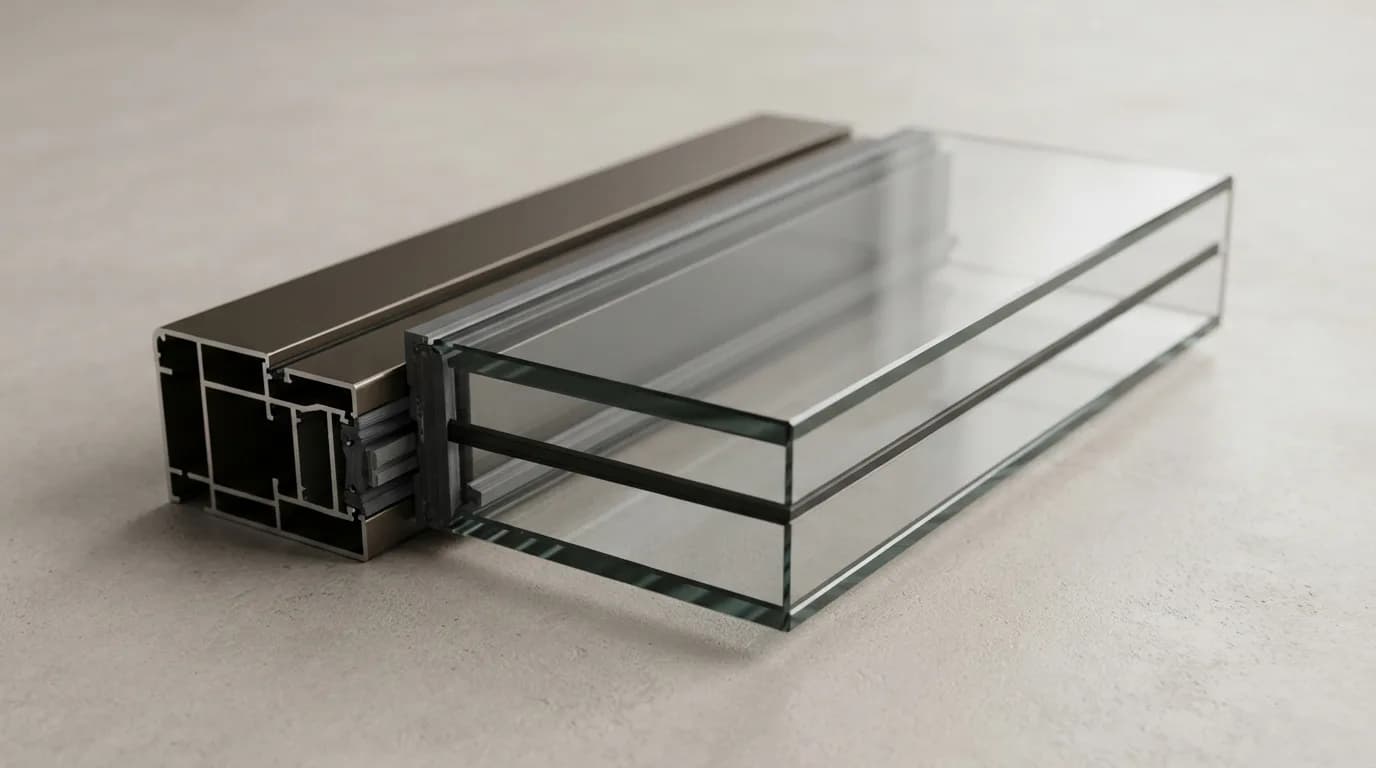 Conceptual insulated glazing sample beside a bronze aluminium profile, showing glass edges and the spacer