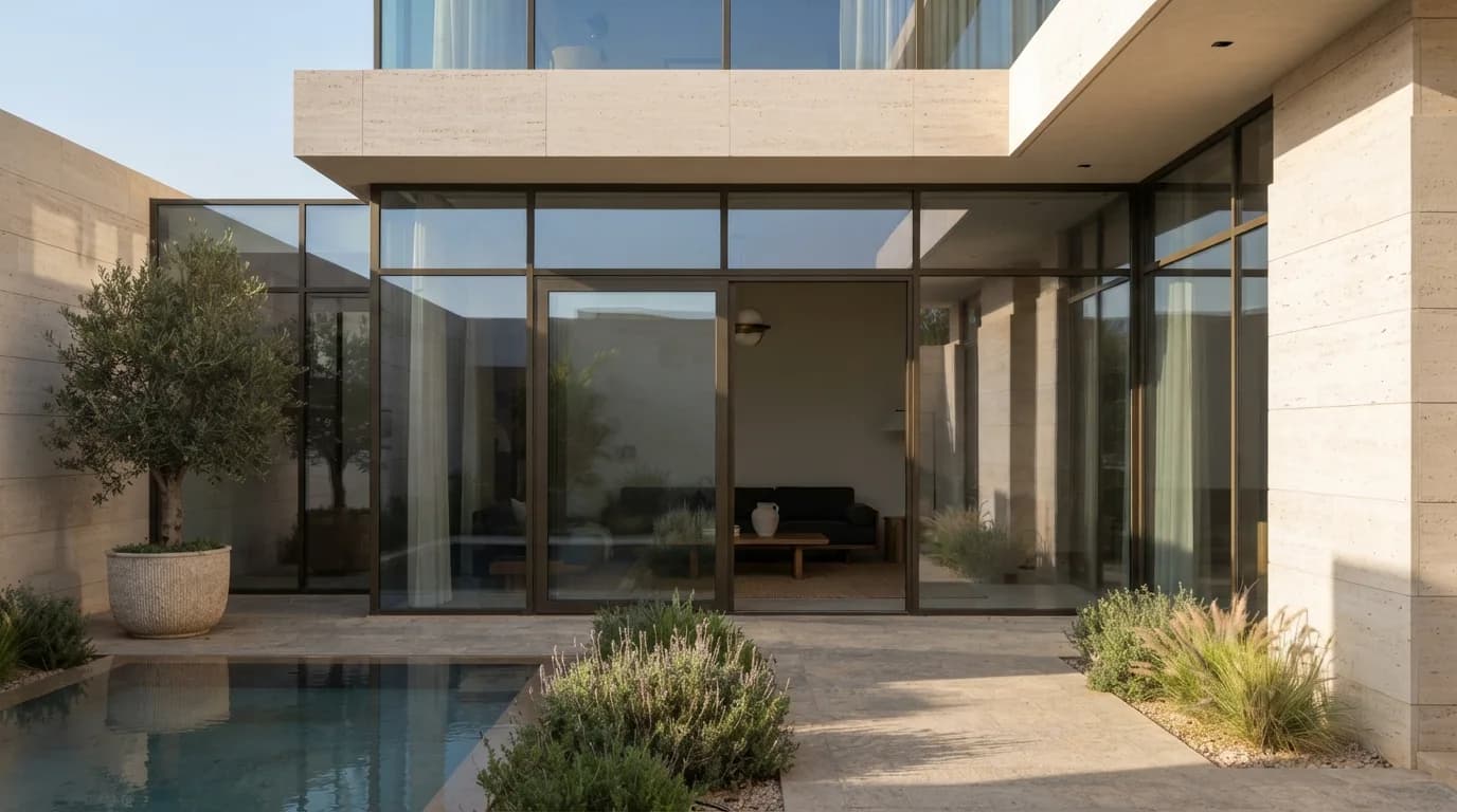 Contemporary Saudi villa courtyard with floor-to-ceiling glazing and slim bronze aluminium frames — AI concept
